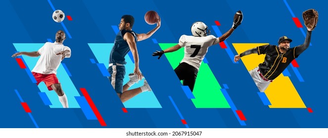 Multiethnic Men, Professional Basketball And Football Players In Action Isolated On Bright Colorful Geometric Background. Concept Of Team Sport, Competition, Motion, Leader, Ad, Show. Poster, Pattern