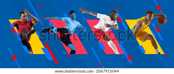 Multiethnic men, professional basketball and
football players in action isolated on bright colorful geometric
background. Concept of team sport, competition, motion, leader, ad,
show. Poster,
pattern