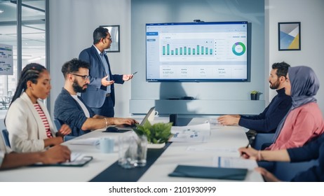 Multi-Ethnic Office Conference Room. Brilliant Indian Male CEO does Presentation for Multi-Ethnic Group of Managers Talking, Using TV Infographics, Statistics, Graphs. Innovative Businesspeople - Shutterstock ID 2101930999