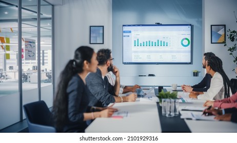 Multi-Ethnic Office Conference Room Meeting: Diverse Team of Managers, Executives Talk, Uses Wall TV with Big Data Analysis, Charts and Infographics. Businesspeople Investing in e Commerce Startup