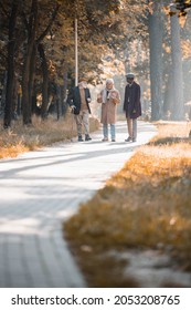 Multiethnic Senior Friends Walking On Path In Autumn Park