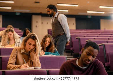 Multi-ethnic university students taking notes in auditorium while professor walks in background