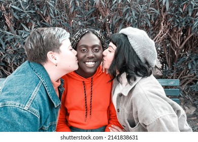 Multiethnic Young People Kiss On Cheek – Happy Multiracial Group Friend Having Fun -  Multicultural Group Of Person Kissing – Diverse People Taking Selfie