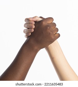 Multiethnic Young Women Hold Hands Together To Each Other, They Show Business Friend Team Harmony, Have Positive Expressions Agreement. Handshake Business Unity Concept. White Background Isolated