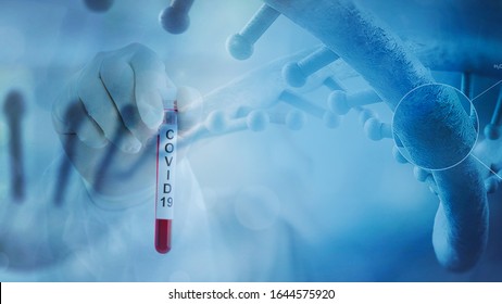 mehrexpositioneller Hintergrund des Porzellankoronavirus COVID-19 infizierte Blutprobe in Probenröhre mit DNA-Stamm