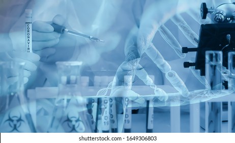 Multiexposure Background Coronavirus COVID 19 Infected Blood Sample In Sample Tube In Hand Of Scientist In Coronavirus Research Laboratory With DNA Strain, Coronavirus Covid 19 Vaccine Research