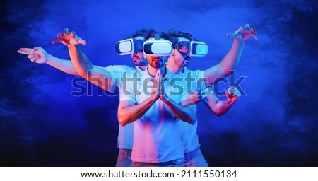 multiexposure portrait of caucasian game man with vr glasses in multi action poses of mortal art in concept of gamer in action in game fighting game platform in meteverse