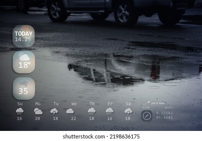 Multiexposure of weather forecast interface and reflection in puddle on the ground after hard rain fall.Low light as real shot. - Shutterstock ID 2198636175