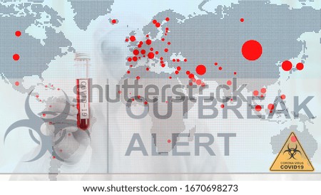 multiexposure of world map with red dots of coronavirus covid 19 infected countries and coronavirus covid 19 blood sample in hand with overlay wording outbreak alert and coronavirus covid 19 sign