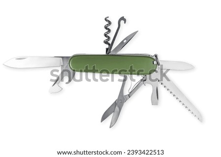 Multifunction army pocket folding knife isolated on white background