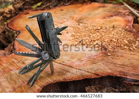 Multifunction knife stuck on the tree stump.

