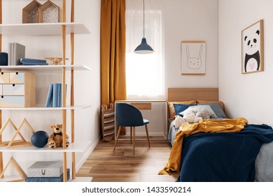 Multifunctional Bedroom And Workspace Interior With Bed And Desk