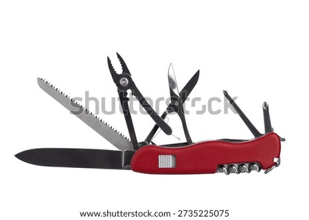 Multifunctional pocket knife with different tools, isolated on a white background