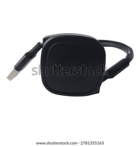 Multi-functional, retractable charging cable assembly over a solid white background. The device features a square-shaped, matte black plastic central hub container that houses a winding mechanism for neat storage. Extending from one side of the hub is a single standard USB Type-A connector pin. From the opposite side, the cable splits into a trio of distinct branches curved upwards, terminating in three different interface connectors: a Lightning connector tip, a USB Type-C plug, and a micro-USB adapter end. The entire unit, including the cords, casing, and strain reliefs, is finished in a uniform black color, emphasizing a compact, tangled-free, and versatile solution for powering multiple mobile electronic gadgets and smartphones simultaneously.