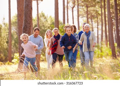 Multi-generation Family Walking In Countryside, Kids Running