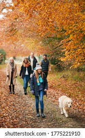 Multi-Generation Family Walking With Pet Golden Retriever Dog Along Autumn Woodland Path