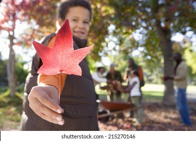 Multi-generational family collecting autumn leaves in garden, focus on boy holding red maple leaf in foreground - Powered by Shutterstock