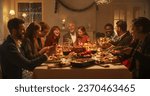 Multi-Generational Family Members Share Funny Stories and Joy During a Christmas Turkey Dinner. Happy Parents and Kids Singing Christmas Carols Together, Dancing Behind a Table and Lighting Sparkles