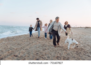 Multigenerational Family Walking With Dog On Beach At Seashore