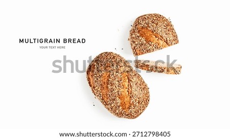 Multigrain bread isolated on white background. Minimalist bakery composition with whole loaf and sliced pieces. Healthy artisan food rich in seeds and grains. Clean layout. Flat lay