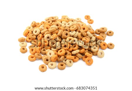 Multigrain hoops breakfast cereal - wheat, barley, rice, oats and maize -, isolated on a white background