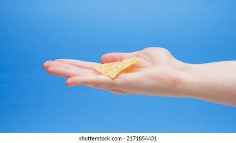 Multigrain Wheat Chip In Palm Of Hand On A Blue Background