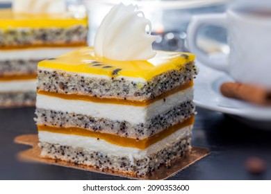 Multi-layered Cake With Cakes, Fruit Peach Jelly, Poppy Seeds And Cottage Cheese, Delicious Multi-layered Dessert