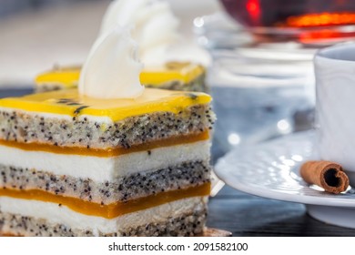 Multi-layered Cake With Cakes, Fruit Peach Jelly, Poppy Seeds And Cottage Cheese, Delicious Multi-layered Dessert