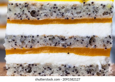 Multi-layered Cake With Cakes, Fruit Peach Jelly, Poppy Seeds And Cottage Cheese, Delicious Multi-layered Dessert