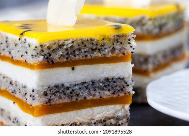 Multi-layered Cake With Cakes, Fruit Peach Jelly, Poppy Seeds And Cottage Cheese, Delicious Multi-layered Dessert