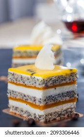 Multi-layered Cake With Cakes, Fruit Peach Jelly, Poppy Seeds And Cottage Cheese, Delicious Multi-layered Dessert