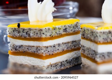 Multi-layered Cake With Cakes, Fruit Peach Jelly, Poppy Seeds And Cottage Cheese, Delicious Multi-layered Dessert