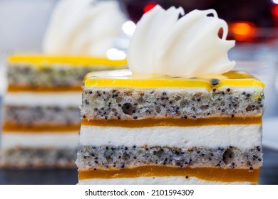 Multi-layered Cake With Cakes, Fruit Peach Jelly, Poppy Seeds And Cottage Cheese, Delicious Multi-layered Dessert