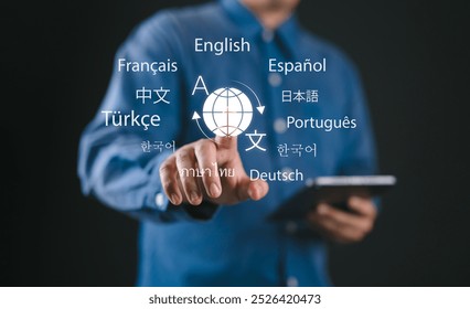 Multilingual Language Translation, Communication Concept. A person with icons various languages, global language translate, multilingual technology, and international connections. AI Translator, - Powered by Shutterstock