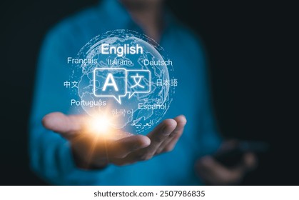 Multilingual Language Translation Technology Concept. A person holding holographic globe with speech bubbles and various languages, represents global language translate and multilingual communication.