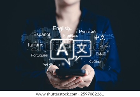 Multilingual language translation technology concept. Woman using smartphone with icons languages, global language translate, multilingual communication, and international connections. AI translator,