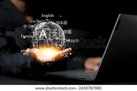 Multilingual Language Translation Technology Concept. A person holding holographic globe with speech bubbles and various languages, represents global language translate and multilingual communication.