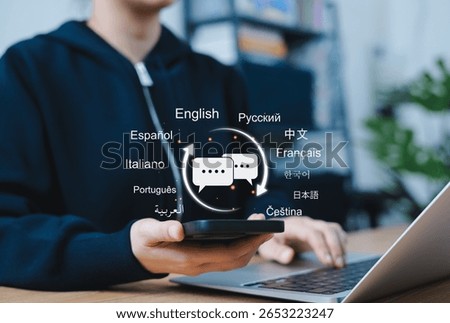 Multilingual language translation technology concept. Woman using smartphone with icons languages, global language translate, multilingual communication, and international connections. AI translator,