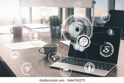 Multimedia and Computer Applications Concept. Business people using technology of digital gadget with modern graphic interface showing social, shopping, camera and multimedia application on device. - Shutterstock ID 1464765275