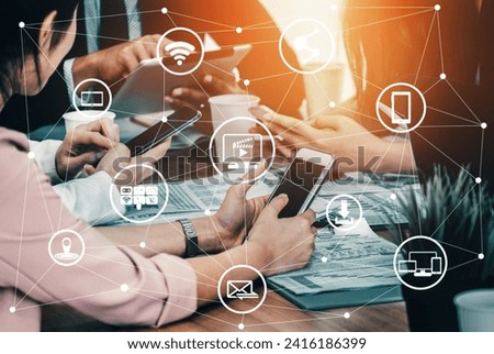 Multimedia and Computer Applications Concept. Business people using technology of digital gadget with modern interface showing social, shopping, camera and multimedia application on device. uds