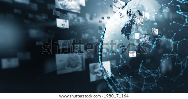 Multimedia digital content entertainment\
streaming communication social networking connectivity technology\
concept, world wide web hologram simulation global environment,\
banner blue\
background