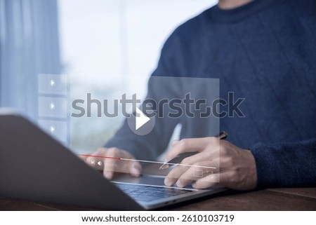 multimedia OTT, content on digital technology. concept of watching live video streams on a computer laptop, training, and education. Watch videos on social media platforms