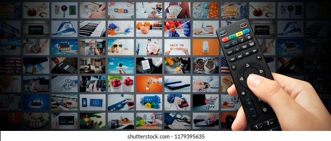 Multimedia video streaming web banner background. Television wall broadcasting concept