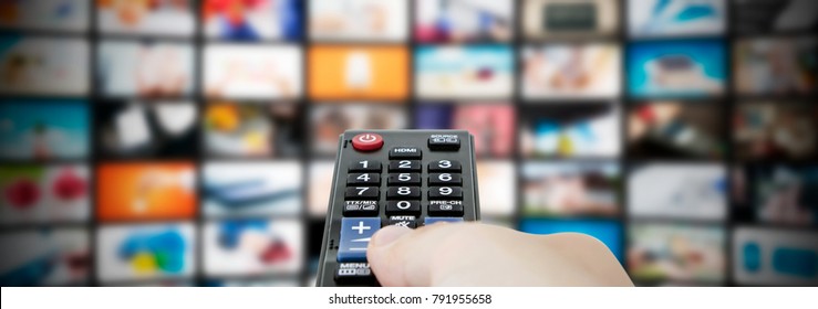 Multimedia Video Streaming Web Banner Background. Television Wall Broadcasting Concept