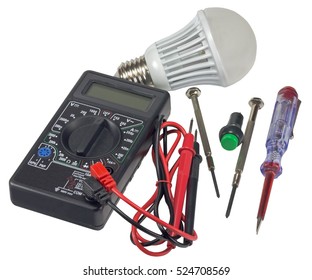 Multimeter and electronic tools on a white background