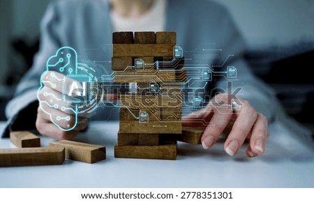 Multimodal AI artificial intelligence connects data, Abstract business woman fail danger tower block game building construction protect plan and project control.

