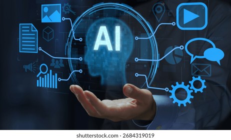 Multimodal generative AI. Agentic AI for workflow automation as business process support tool. Businessperson holding an artificial intelligence icon.