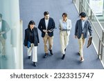 Multinational business group walking in lobby. Global business. High angle view.