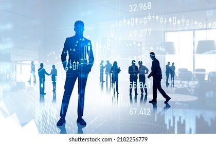Multinational business people silhouette, businessman with confident look. Double exposure with forex financial chart, stock market candlesticks, conference room. Concept of teamwork - Shutterstock ID 2182256779