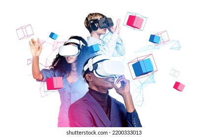 Multinational business people in vr headset, hands touch colorful digital blocks hologram floating on white background. Concept of virtual reality - Powered by Shutterstock